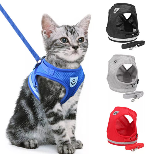 Reflective Cat & Dog Harness Set – Nylon Mesh Vest with Leash for Small Pets